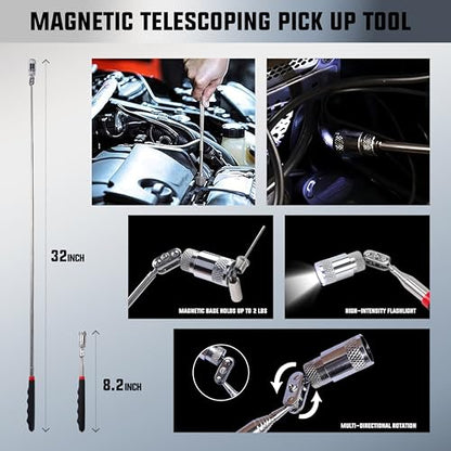 WORKKOOL 26PCS Car Tool Kit with Stainless Steel Assorted 5th Wheel Pin Puller,68 inches Long Distance Puller Hook, Air Wedge and Magnetic Pickup Tool with Flashlight