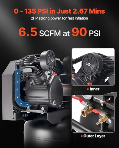 VEVOR 20 Gallons Air Compressor, 2HP 6.5SCFM at 90PSI, Max 135PSI Pressure Oil-Lubricated Air Compressor Tank,Portable on Wheels for Auto Repair,Tire Inflation,Spray Painting,Woodwork Nailing,120V - size: 20-Gallon 135PSI