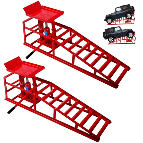 2pcs Car Ramps with 5T 10000lbs Heavy Duty Hydraulic Lift, Car Ramp for Oil Change and Repair, Low Profile Car Truck Lift Service Ramps, Portable Car Lift for Workshop, Repair Shop, Home Garage.Red - size: 2P Red