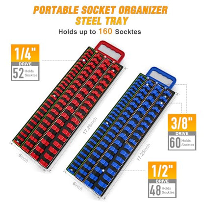 GOOACC Socket Organizer Tray 1/4 inch 3/8 inch 1/2 inch Socket Holder Portable Socket Rail Organizer Trays for Tool Box Drawer, 2Pcs Set Socket Tray Holds 160-Piece SAE Metric Socket, Blue & Red - size: 2 Set Tray 1/4"3/8"1/2" Blue Red