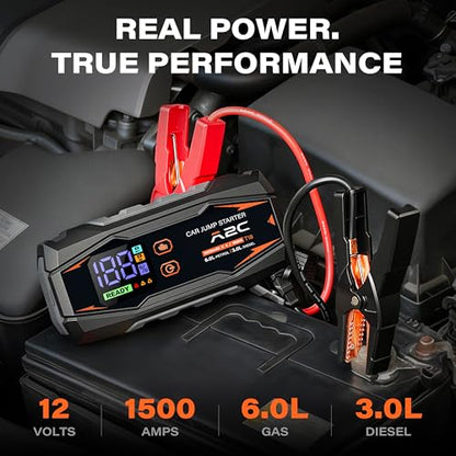 A2C T18 1500A Portable Car Jump Starter, 12V Auto Battery Booster | Fits 6.0L gas / 3.0L diesel, 12000mAh power bank, QC3.0 fast charging, NTC smart safety clamps, LED flashlight, with EVA case