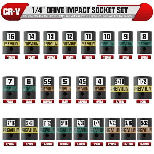 1/4" Drive Impact Socket Set, 50-Piece Standard SAE (5/32" - 9/16") and Metric (4 mm - 15 mm) Size, Deep and Shallow Sockets, Cr-V Steel, 6 Point, Auto Repair Bicycle Maintenance - size: 1/4"50pcs
