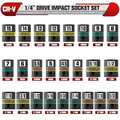 1/4" Drive Impact Socket Set, 50-Piece Standard SAE (5/32" - 9/16") and Metric (4 mm - 15 mm) Size, Deep and Shallow Sockets, Cr-V Steel, 6 Point, Auto Repair Bicycle Maintenance - size: 1/4"50pcs
