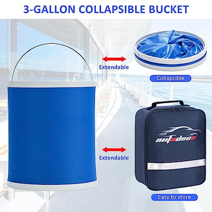 12Pcs Boat Wash Cleaning Kit with Collapsible Bucket Wash Sponge Mitt Microfiber Towel Squeegee Scrub Pads Brushes Complete Interior Exterior Cleaning Set for Boat