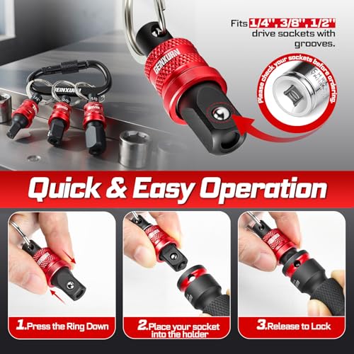 Geinxurn 5Pcs Socket Holder Keychain, 1/2 Drive Quick Release & Quick Change Socket Set Organizer with Square Drive Socket and Universal Socket for Lineman, Electricians, Construction Crews - style: B01K005-0102