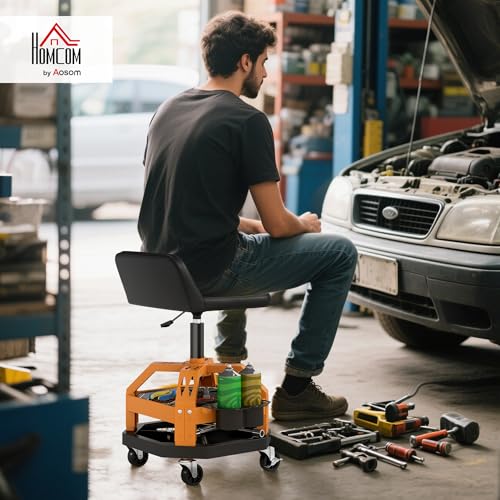 HOMCOM Rolling Mechanic Stool 300 LBS Capacity, Backrest 360° Wheels Yellow | Pneumatic Creeper Garage Stool, Heavy Duty Roller Seat, Padded Shop Chair, Tool Tray Storage, Adjustable Height - color: Yellow