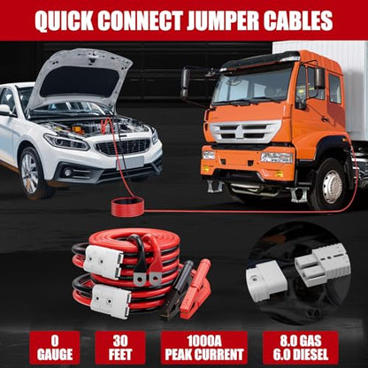 0 Gauge 30 FT Heavy Duty Jumper Cables for Car Battery, 1000Amp Quick Connect Booster Cables for Jump Starting Dead or Weak Batteries, Suitable for 8L Gas & 6L Diesel, Carrying Bag Included - size: 0 Gauge 30FT-QC
