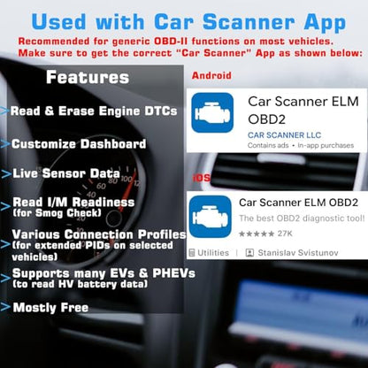 Bluetooth OBDII Scan Tool for iPhone & Android - No Subscription Fee - OBD2 Car Scanner and Code Reader - Diagnose Check Engine Fault, Supports 10 Languages and Most Cars After 1996