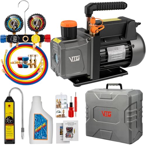 VTG VOGTEN 4.5 CFM AC Vacuum Pump and Gauge Set,for Mini Split/HVAC/Auto Systems,Manifold Gauge Kit Fits R134a R22 R410a,with Leak Detector,Upgraded Trifold Storage Case,4 Hoses,2 R134a Can Taps - size: 4.5 CFM&4 way(R134a R22 R410a Compatible)