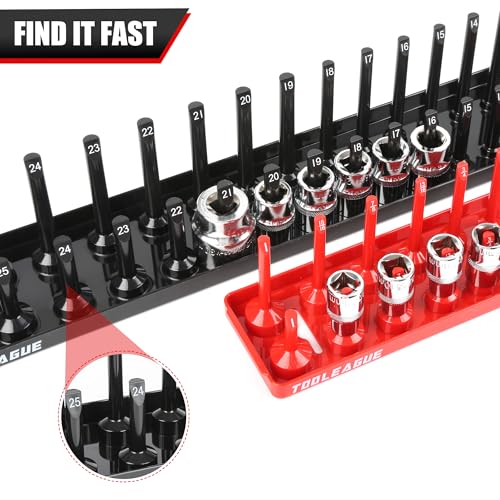 TOOLEAGUE 7Pcs Socket Organizer Tray and Magnetic Wrench Holder Set,Red SAE & Black Metric, 1/2", 1/4", 3/8" Socket Storage Trays for Tool Box Drawer - size: 7pcs