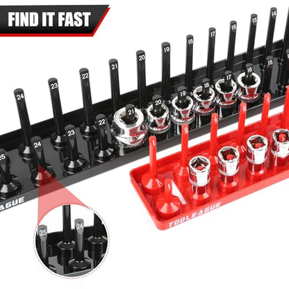 TOOLEAGUE 7Pcs Socket Organizer Tray and Magnetic Wrench Holder Set,Red SAE & Black Metric, 1/2", 1/4", 3/8" Socket Storage Trays for Tool Box Drawer - size: 7pcs