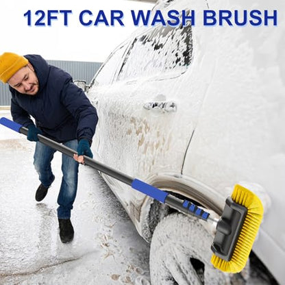 18Ft Reach Car Wash Brush with Long Handle, Car Cleaning Brush 12-Inch Soft Bristles, 3-12Foot Aluminium Telescoping Pole for Scratch-Free Cleaning RV, Car, Boats, Truck, Floors, Solar Panels - size: 12FT