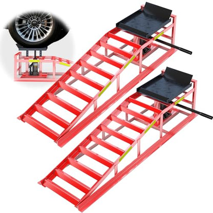 2 PCS Hydraulic Car Ramp, 5T/11000 LBS Heavy-Duty Car Ramp, Hydraulic Oil Change ramp with Built-in high Visibility Reflective Strip, Adjustable Lifting Height of 9.8-15 in Garage Car Ramp,Red - color: Red