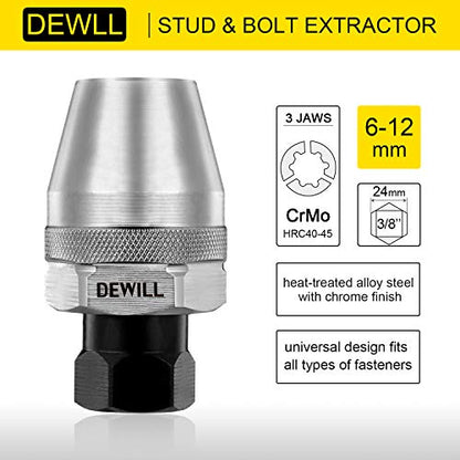Stud Extractor, 1/4 to 1/2 Inch Broken Bolt Removal Tool | 3Jaw, 3/8 Drive, CR-MO Steel, Compact for Tight Engine Spaces, Quickly Remove Broken, Rusted & Corroded Bolts and Studs