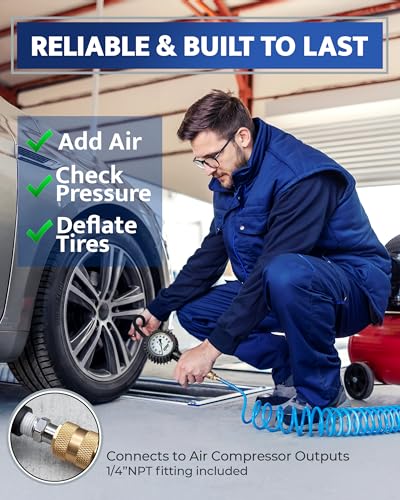 Tire Inflator with Pressure Gauge and Longer Hose - Most Accurate, Heavy Duty Air Chuck with Gauge for Air Compressor Tire Inflator Attachment - 100PSI