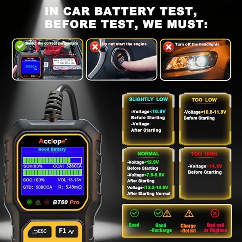 BT60 PRO Car Battery Tester 6V/12V/24V, 2–120Ah, 100–3000 CCA, AGM/Gel/Lithium, Alternator & Starter/Charging System Analyzer, QR Cloud Report (No App), Digital Analyzer - color: Black-Yellow