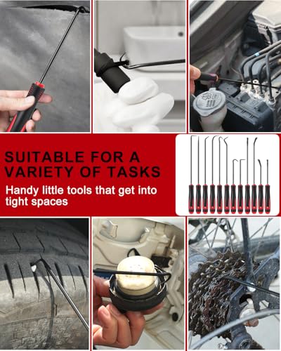 12 Pcs Pick Set Mechanic, Hook and Pick Tool Set with Non-Slip Grip, Long and Short Automotive Pick Set for Oil Seal, O-Ring and Gasket Removal, Car Repair, Mechanical and DIY Use, Black/Red - color: Black/Red