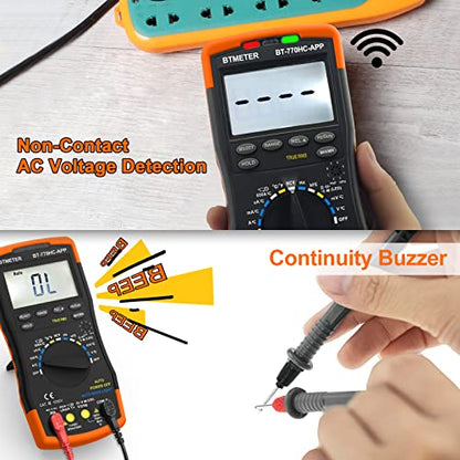 BTMETER Digital Multimeter, Handheld TRMS 6000 Multi Meter Auto Range Voltmeter Ammeter Measure AC DC Volt Amp Ohm Continuity Capacitance Frequency Diode hFE Transistor Temp 770HC-APP - color: 6000 Counts Multimeter Logger 770HCAPP