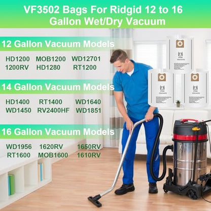 3 Pack 23743 VF3502 Vacuum Bags For Ridgid 12 to 16 Gallon Wet Dry Vacuums | VF3502 Repalcement Shop Vac Bags Size A for Rigid, Part# 23743 WD1950 WD1956 WD1850 WD1851 RV2400HF WD1450 WD1680 WD1270 - size: VF3502