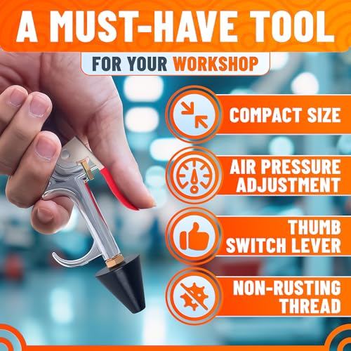 Air Nozzle Blow Gun for Compressor, 1/4 In Stainless Steel HVAC Tool | Blows Dust from Tight Spaces with Compressed Air - Rust-Resistant Brass Thread, Rubber Tip, Thumb Lever | Adjustable Pressure