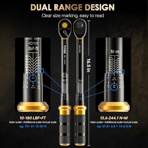 3 in 1 Torque Wrench Set with Upgraded Lock Ring, 1/4" & 1/2" Drive (10-230 In.lb/10-180 Ft.lb) Torque Wrenches with 3/8" Adapter, ±3% Accuracy, 72-Tooth Dual-Scales for Bike, Motor, Car Maintenance - size: 1/2″1/4″ 3 PCS
