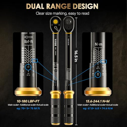 3 in 1 Torque Wrench Set with Upgraded Lock Ring, 1/4" & 1/2" Drive (10-230 In.lb/10-180 Ft.lb) Torque Wrenches with 3/8" Adapter, ±3% Accuracy, 72-Tooth Dual-Scales for Bike, Motor, Car Maintenance - size: 1/2″1/4″ 3 PCS