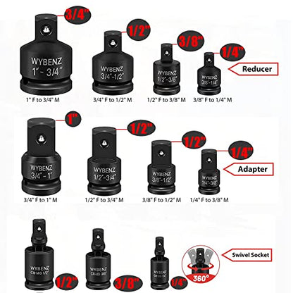 11PCS Impact Socket Adapter and Reducer Set, 1/4" 1/2" 3/8" 3/4" Impact Adapter Set & Universal Joint Impact Swivel Socket Set, Wobble Drive Socket Set with Storage Case - style: 11 Pcs
