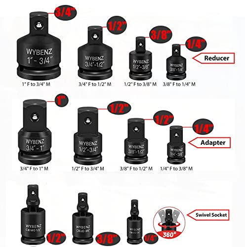 11PCS Impact Socket Adapter and Reducer Set, 1/4" 1/2" 3/8" 3/4" Impact Adapter Set & Universal Joint Impact Swivel Socket Set, Wobble Drive Socket Set with Storage Case - style: 11 Pcs