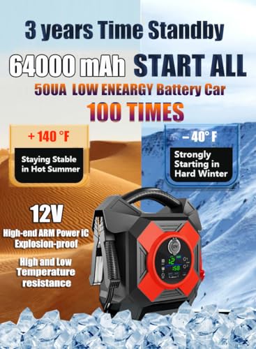 DM1264 Semi Truck Jump Starter Heavy Duty, 12V, 30000A Peak, -40°F Cold Weather Workable, Jump Pack Battery Booster for Big Rig, Heavy-Duty Diesel or Gasoline Engines Up to 50L, Class 8 - color: red