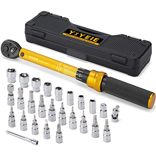 YIYEIE 1/4 Inch Drive Bike Torque Wrench, 1-25 Nm (10-222.5 in.lb), 27 PCS Click Bicycle Torque Wrench with Bit Sockets, 0.1 Nm Micro, 72-Tooth Ratchet, 3/8 Adapter, for MTB, E-Bike, Motorcycle - size: 1/4″ 27PCS