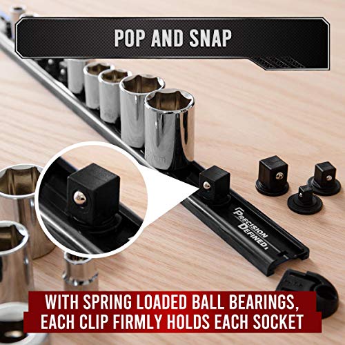 Precision Defined Aluminum Tool Socket Holder 3-Piece Set | Black, 1/4-Inch x 16 Clips, 3/8-Inch x 16 Clips, 1/2-Inch x 14 Clips | 360 Rotation - Heavy Duty Socket Rails Organizer, Socket Storage - color: Black