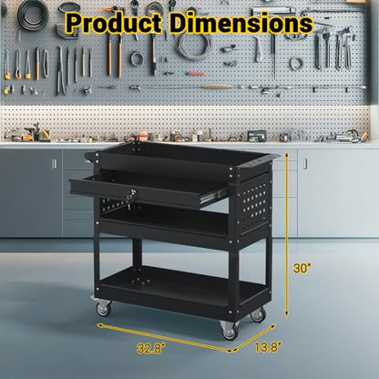 3 Tier Rolling Tool Cart on Wheels, 550 LBS Tool Cart with Drawers，Heavy Duty Utility Cart with Pegboard and Hooks，Mechanic Tool Storage Cart for Garage, Warehouse (Black) - color: Black
