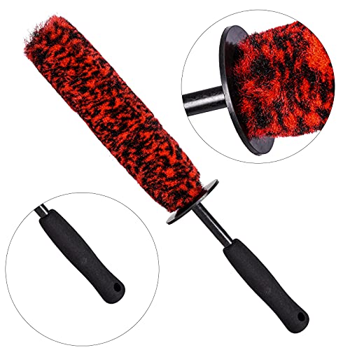 3 Pcs Soft Wheel Brushes for Cleaning Wheels Kit - 1x Synthetic Soft Car Wheel Rim Brush，1x Long Handle Cleaning Brush and 1x Car Detail Brush, Clean Dirty Wheel… - color: Red and Black