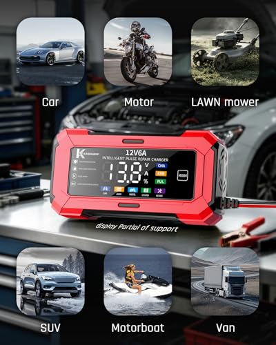 Car Battery Charger and Automatic Trickle Charger, Battery Maintainer with Intelligent Pulse Repair, Digital Display, Trickle Charger for Car Battery 12V 6A for AGM, LiFePO4, Motorcycle Batteries