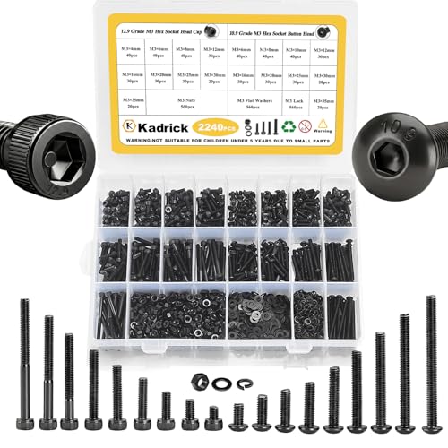 Kadrick M3 Screws Assortment Kit, 2240 Pcs - Hex Socket Button & Cap Head Metric M3 Bolts, 4-35mm Length with Nuts, Washers & Hex Key, 10.9/12.9 Grade Alloy Steel Screws for 3D Printer, DIY, RC Car - size: M3 2240Pcs 4-35mm