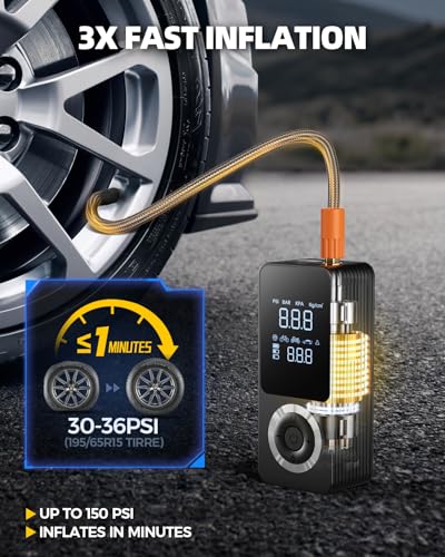 Cordless Tire Inflator Portable Air Compressor, Smart Air Pump for Car Tire with Digital Pressure Gauge, LED Light, 12V Car Power Adapter, Storage Box, 4 Valve