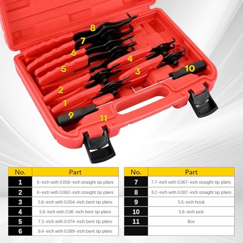 11PCS Snap Ring Plier Set | Internal & External Circlip Removal Tools with Bent & Straight Pliers Hook Pick, for Automotive, Motorcycles, Lawn Mowers, Durable Circlip Pliers (Red) - color: Red