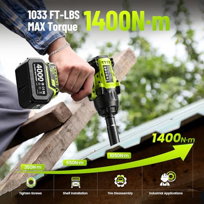 Robustrue 1400N.m (1032ft-lbs) Cordless Impact Wrench, 1/2" Brushless High Torque Impact Gun, 11Pcs Tire Repair Kit, 2x4000 mAh Batteries, Fast Charger, Impact Driver for Car Home/Truck RV/Mower - size: 1400N.m