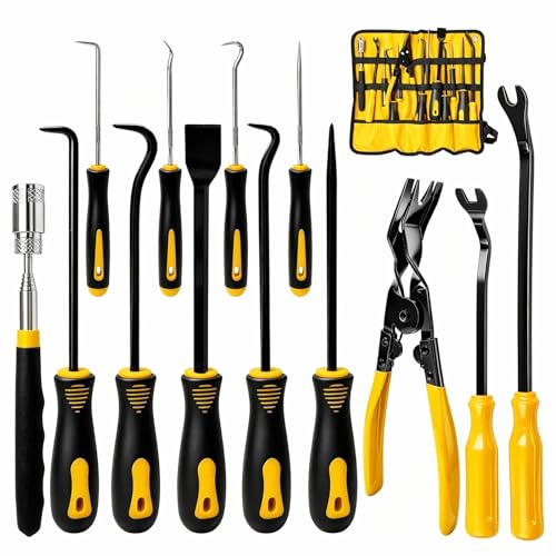 13PCS Precision Pick and Hook Tool Set, Magnetic Telescoping Tool w/Clip Pliers Fastener Remover Gasket Scraper, Rivets Puller Pick Tools w/Storage Bag for Automotive Repair (Yellow & Black) - color: Yellow & Black