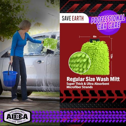 AIDEA Car Wash Mitt Microfiber, 2PK, Car Wash Brush, Green, 8''X12'' | Scratch Free Lint Free, Premium Chenille Microfiber Wash Mitt, Cleaning Supplies, Extra Large Size - color: Green, size: 2PK-8''X12''