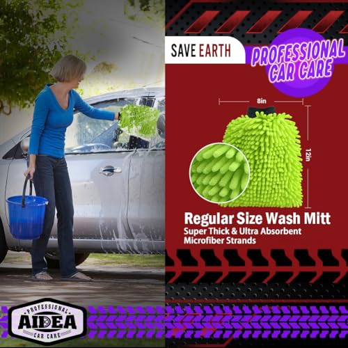 AIDEA Car Wash Mitt Microfiber, 2PK, Car Wash Brush, 8''X12'' | Scratch Free Lint-Free, Premium Chenille Microfiber Mitt, Extra Large Size, Green & Blue - color: Green Blue, size: 2PK-8''X12''