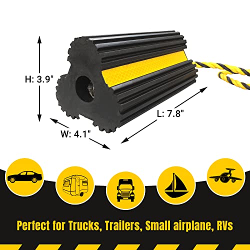 HOXWELL 2 Pair Rubber Heavy Duty Dual Wheel Chocks Front and Back, RV Leveling Blocks Non Slip Base with Nylon Rope Yellow Reflective Tape for Travel Trailers, Car, Camper, Truck (4 Pack)
