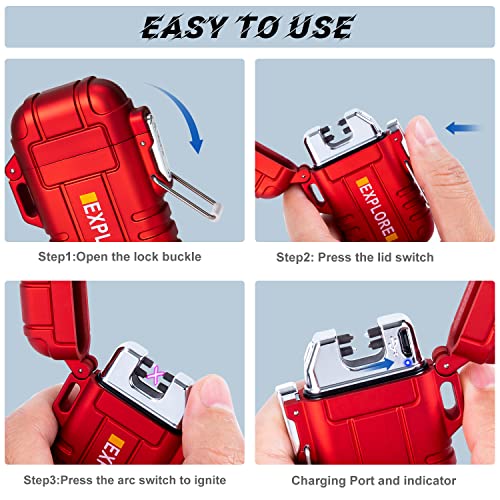LcFun Arc Lighter Waterproof Windproof Rechargeable USB Plasma Flameless Electric Lighters with Lanyard Sports Fan Lighters for Survival, Tactical, EDC Gear, Camping (Red) - color: Red (Without Whistle)