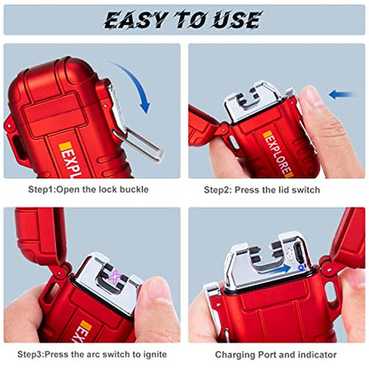 LcFun Arc Lighter Waterproof Windproof Rechargeable USB Plasma Flameless Electric Lighters with Lanyard Sports Fan Lighters for Survival, Tactical, EDC Gear, Camping (Red) - color: Red (Without Whistle)