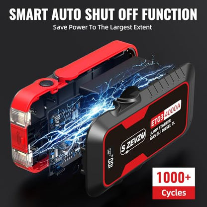 S ZEVZO ET03 4000A Car Jump Starter Jump Starter Battery Pack for Up to 8.0L Gas and 7.0L Diesel Engines, 74Wh Portable 12V Jump Box with USB Ports, LCD Display, Storage Case, and LED Light