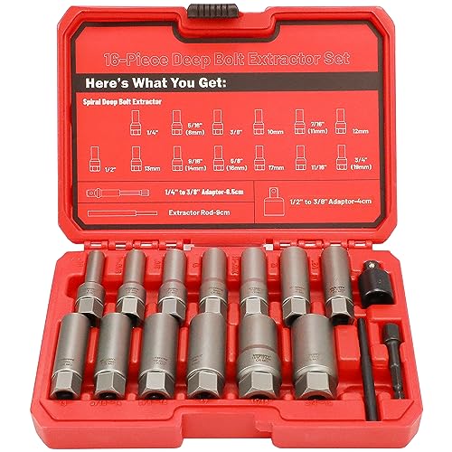 16-Pcs Spiral Deep Bolt Extractor Set, Stripped Bolt Remover Lug Nut Extractor Set, Stripped Lug Nut Remover for Broken Damaged Rounded-Off Bolts, Nuts, Bolts, Studs, Fittings, Threaded Tubes - size: 16Pcs