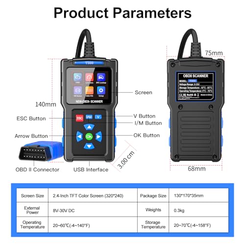 OBD2 Scanner Diagnostic Tool,2.4-inch TFT Color Screen, Car Code Reader OBDII/EOBD Scan Tool, Check Engine Light/Read Clear Fault Codes/Smog Check/DTC Lookup Live Data Stream