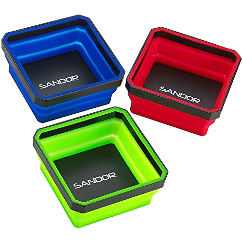 SANDOR Collapsible Magnetic Parts Tray Set - (Pack of 3) Tool Trays for Screw, Bolts, Nuts, Washers, Pins and Other Small Metal Parts - 4.25 Inch Square - Red, Blue, and Green