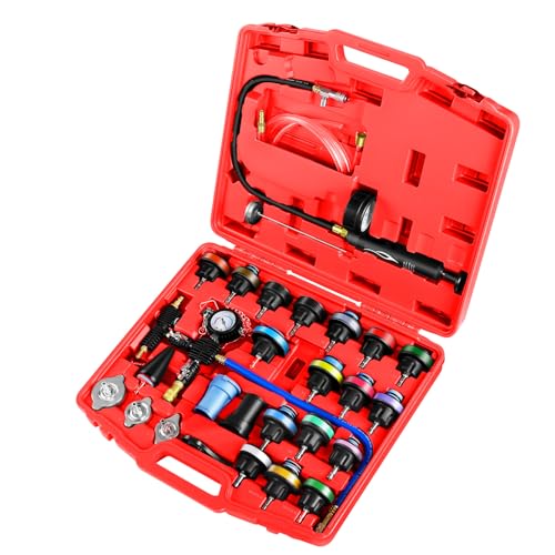 JIFETOR Radiator Coolant Pressure Tester Vacuum Refill Tool Kit, 28PCS Automotive Cooling System Leak Test and Pneumatic Purge Fill Set with Testing Adapter Caps Universal for Airlift Car Auto Truck - color: Red Case