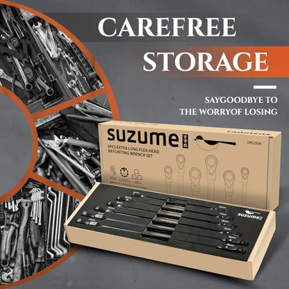 SUZUME Extra Long Flex Head Ratcheting Wrench Set 6PCS (8-19mm) Double Box End Metric EVA Foam 180° Flexible Head 15K Gear Cycles Tested Black Chrome Finish CR-V Steel for Tight Engine Bays with Pouch - size: 6-Piece